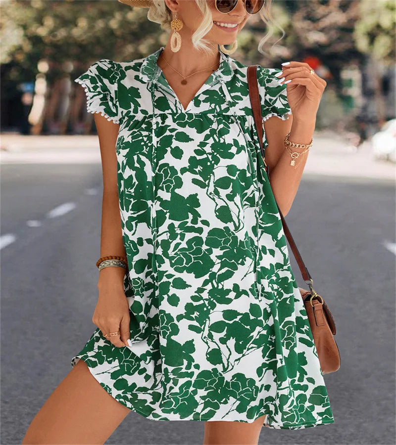 Spring and Summer Europe and the United States cross-border short-sleeved dress with lotus leaf skirt floral print a-line skirt