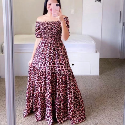 Spring Summer Sexy Off Shoulder Maxi Dress Woman Fashion Flower Print Short Sleeve Dresses For Women 2023 Elegant Party Robe