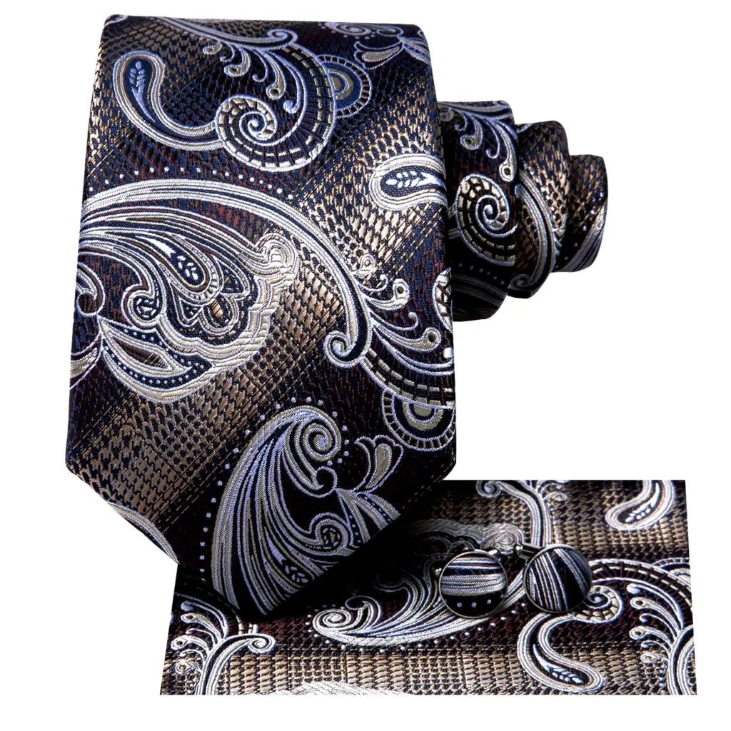 Hi-Tie Paisley Brown Tie For Men Elegant Mens Necktie Pocket Square Cufflink Groom Wedding Accessory Wholesale New Designer