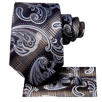 Hi-Tie Paisley Brown Tie For Men Elegant Mens Necktie Pocket Square Cufflink Groom Wedding Accessory Wholesale New Designer