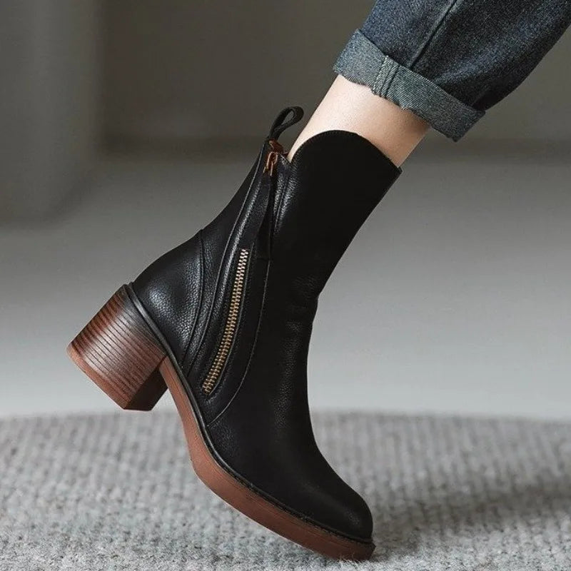 High Heel Ankle Boots for Women Leather Short Boots Round Toe Chunky Heel Boots Side Zipper Ankle Boot Female Platform Heel