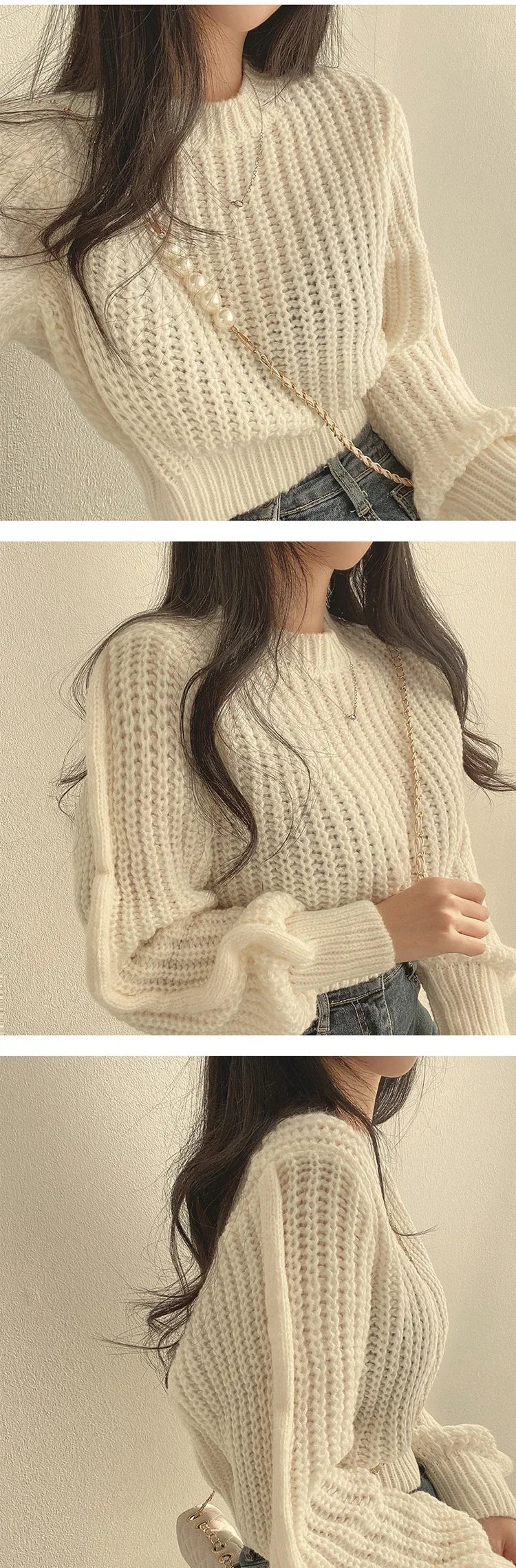 Pink Cropped Knitted Sweaters for Women 2024 Korean Fashion Loose Long Sleeve Jersey Woman Solid Color Wild Round Neck Pullover