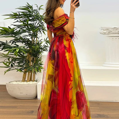 Spring Summer New Mesh Evening Dress Vintage Pattern Printed High Waisted Long Dress New One Shoulder Pleat Banquet Swing Dress