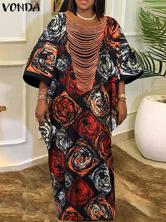 Plus Size VONDA Women Foral Printing Bohemian Maxi Dress 2025 Causal Puff Sleeve Sundress Holiday Eelgant Vestido NO Tassel