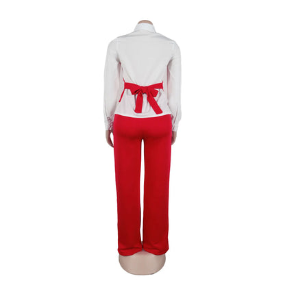 HLJ Elegant Lady Patchwork Shirts Two Piece Sets Women Lapel Long Sleeve Button Top And Pants Outfits Autumn OL 2pcs Clothing