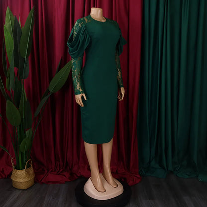 Sexy Bodycon Dresses for Women O Neck Lace Sleeve Sheath Package Hips Mid Calf Female Luxury Birthday Party Dinner Vestidos
