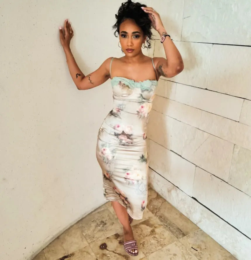 Wedding Guest Dresses for Women 2023 Summer Satin Dress Stretchy Evening Party Dress Floral Elegant Night Club Festival Outfit