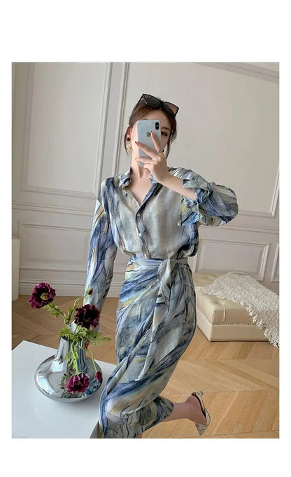 Spring Autumn New Fashion Dress Sets Women Turn-down Collar Long Sleeve Button Printing Shirt Lacing Mid-length A-line Skirt
