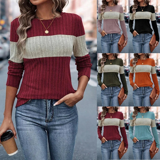 Women Tops Knitted Round Neck Full Sleeve Slim Fit Casual Regular Top Splice Tees Pleated Elegant T Shirts Autumn 2024