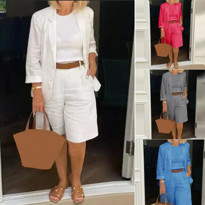 Cotton Linen Temperament Blazer Shorts Women's Blazer Suit 2 Piece Set Elastic Waist Thin Female Blazer Shorts Summer Outfit