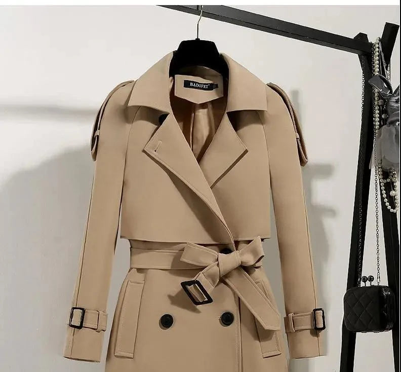 Women's Long Coats with Belt Autumn Korean Windbreaker Ladies Double-breasted Solid Khaki Adjustable Waist Trench Coat for Women