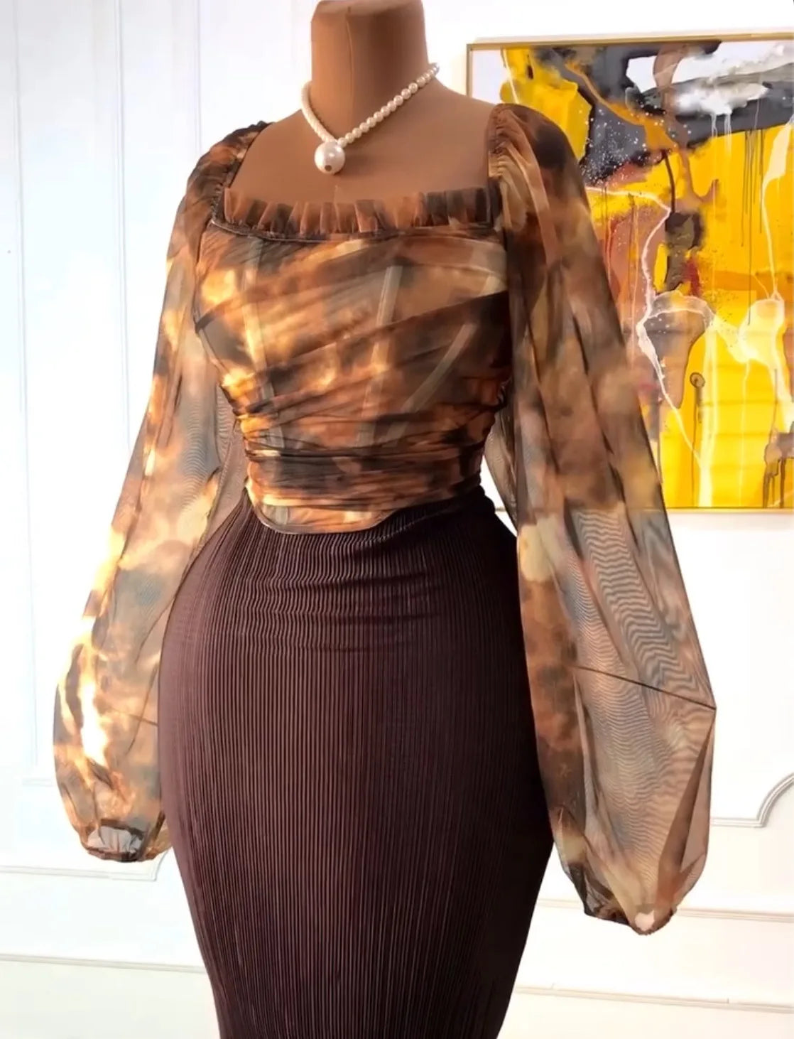CM.YAYA Fashion Elegant Mesh Printed Women Set Street Tops + High Waist Long Skirts Suits Party Birthday Two 2 Piece Sets Dress
