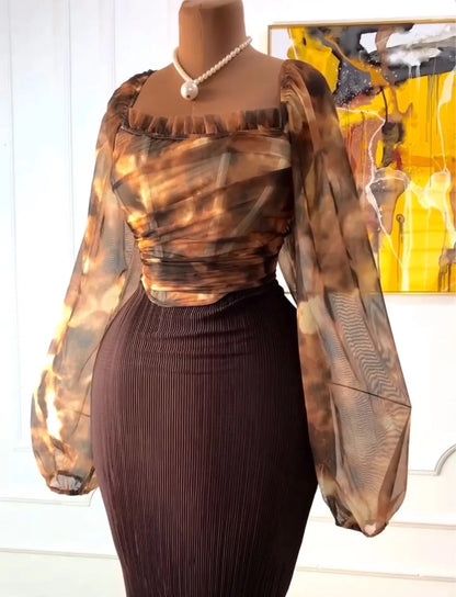 CM.YAYA Fashion Elegant Mesh Printed Women Set Street Tops + High Waist Long Skirts Suits Party Birthday Two 2 Piece Sets Dress