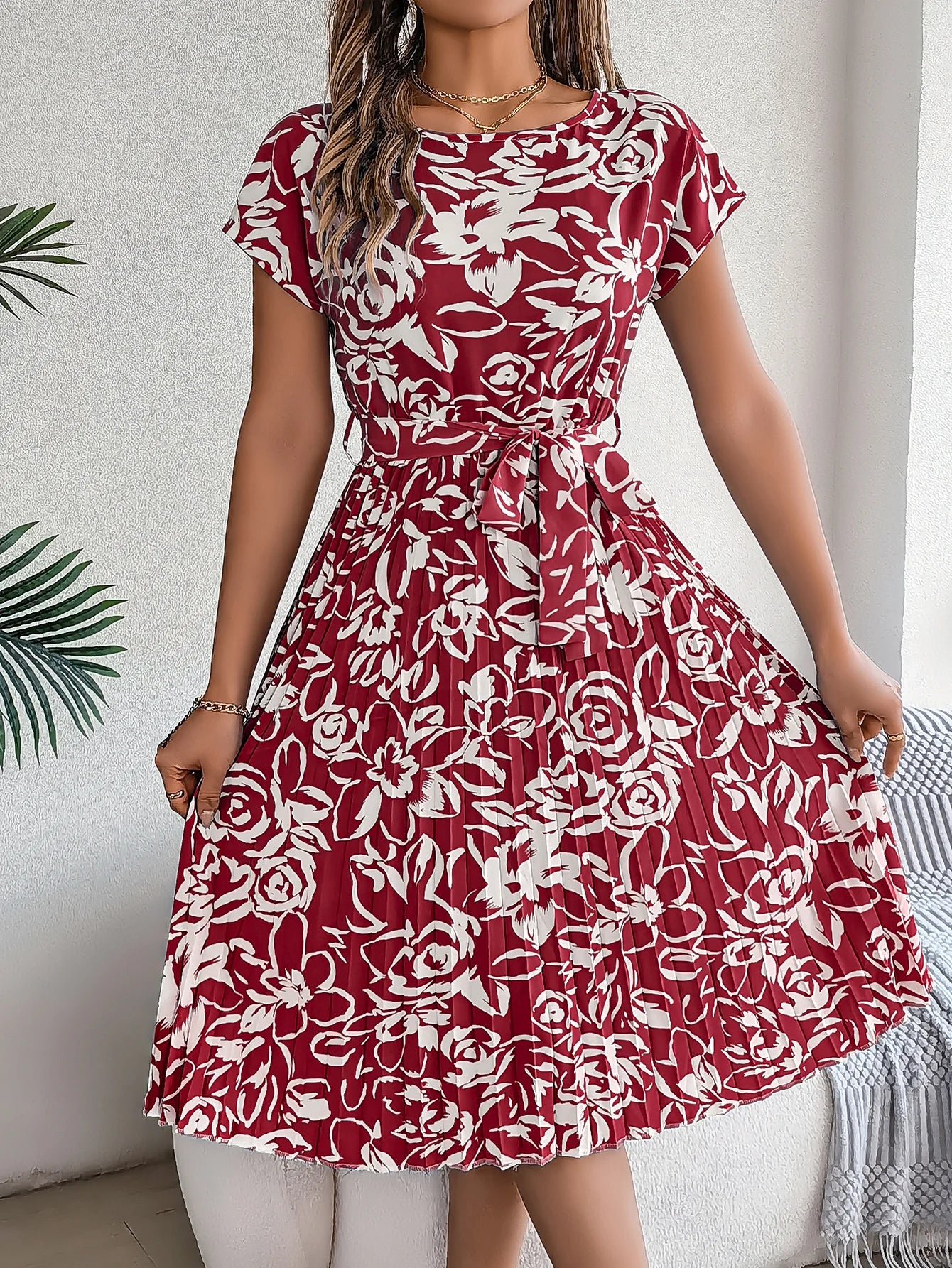 Spring Summer Elegant Flower Print Dress Short Sleeve Folded Dresses for Women Mother's Day