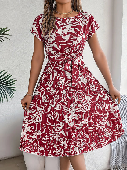 Spring Summer Elegant Flower Print Dress Short Sleeve Folded Dresses for Women Mother's Day