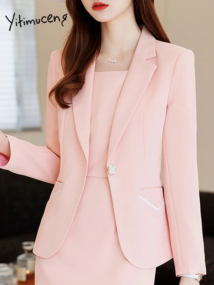 Yitimuceng Women Elegant Office Dress Set Slim Fit Fashionable Monochromatic Single Button New 2 Pcs Set