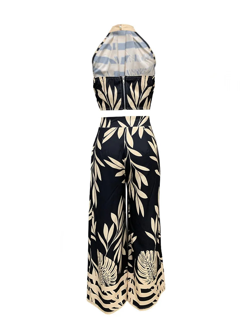 Boho floral print pant sets women fashion high waist pants outfit sexy sleeveless backless crop tops two pieces sets