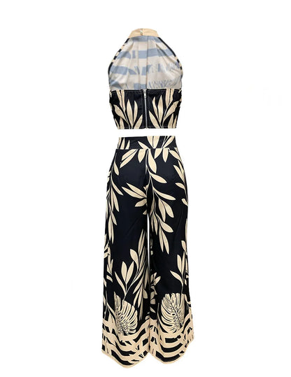 Boho floral print pant sets women fashion high waist pants outfit sexy sleeveless backless crop tops two pieces sets