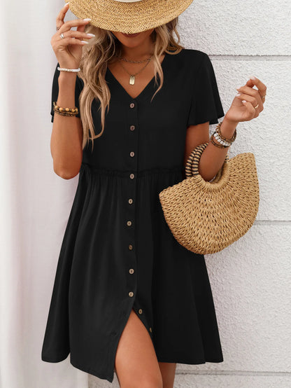 Spring Summer Button Down Dress Flutter Sleeve Cotton Linen A Line Dress With Pockets Beach Summer Knee Length Dresses For Women
