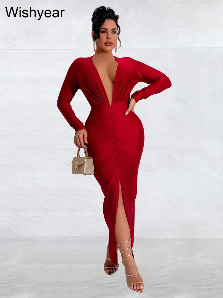 Wishyear Elegant Celebrity Cocktail Dress Women Red Long Sleeve Deep V Neck Front Split Bodycon Birthday Party Night Vestidos