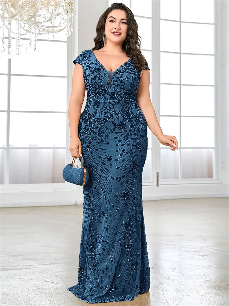 XUIBOL Plus Size  Elegant Sequin Evening Dress Long 2024 Women Mermaid Formal Deep V-neck Prom Luxury Wedding Party Dresses