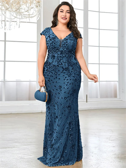 XUIBOL Plus Size  Elegant Sequin Evening Dress Long 2024 Women Mermaid Formal Deep V-neck Prom Luxury Wedding Party Dresses