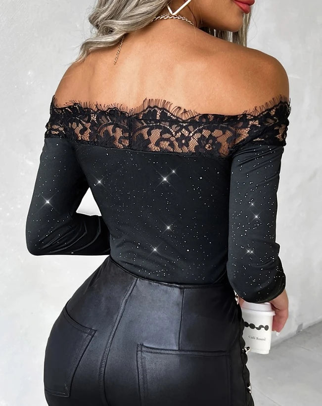 2023 Autumn Winter Spring New Fashion Casual Sexy Blouses Off Shoulder Hollow Out Lace Top Female Clothing TShirts Pullover Tops