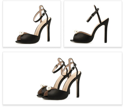 Liyke High Quality Cozy Silk Peep Toe 11CM Thin Heels Gladiator Sandals Women Fashion Pearl Designer Shoes Ankle Strap Sandalias