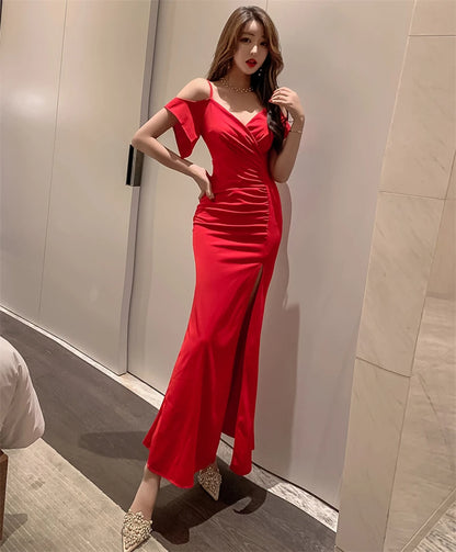 Spring Women Red Evening Party Dresses Short Sleeve V Neck Fit And Flare Long Maxi Summer Dress Lady Prom Gown Robe Longue Femme