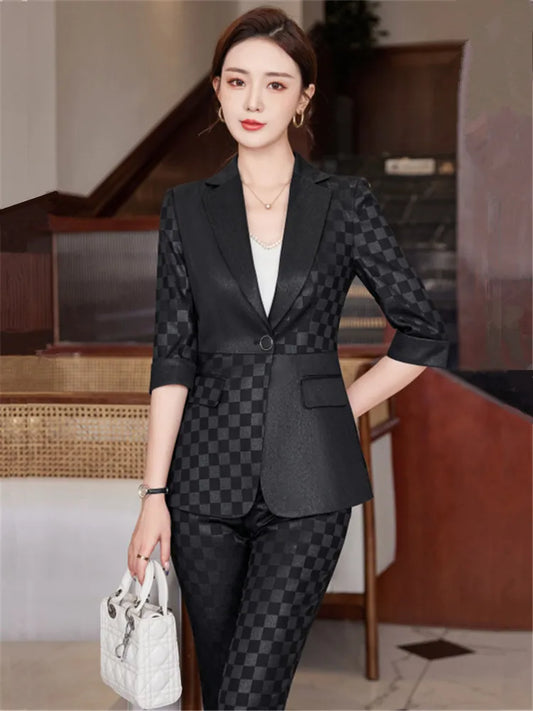 Summer Pants Sets For Women 2 Piece Set Half Sleeve Blazer &Trousers Suit Gray White Hight Quality Chic Elegant Business Outfit