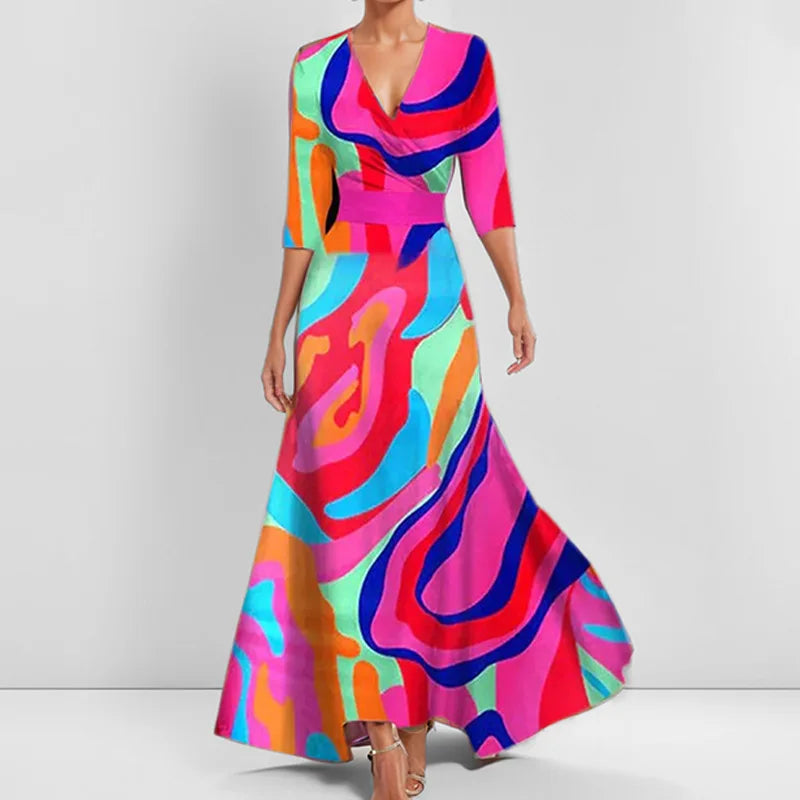 Spring Summer Women Fashion V Neck Belted Party Long Dress Sexy Printing  Boho Maxi Dresses Short Sleeve Pocket Femlae Holiday