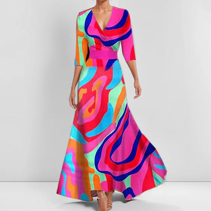 Spring Summer Women Fashion V Neck Belted Party Long Dress Sexy Printing  Boho Maxi Dresses Short Sleeve Pocket Femlae Holiday