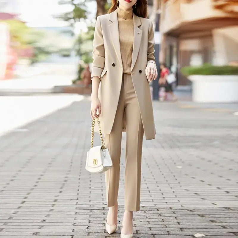 2025 New Blazer Jacket Autumn Winter Casual Long Sleeve Female Suit Coat Mid Long Double Breasted Women Work Wear Jacket