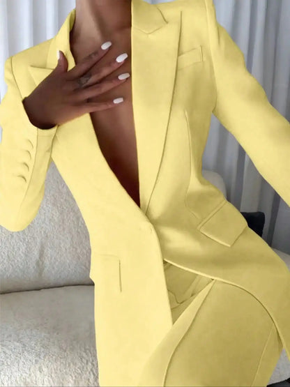 Two-piece solid-color button women's suit, suitable for year-round office wear.