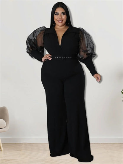 Wmstar Jumpsuit Plus Size Women Clothes V Neck with Belt Single Mesh Sleeve Elegant Bodysuit Office Lady