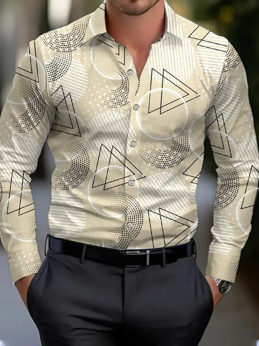 Men's shirt regular lapel shirt men's 3d printing triangle geometric printing casual street long sleeve fashion printed shirt