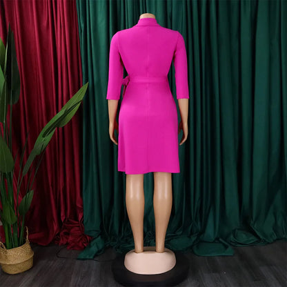 FairyShely 2025 Summer Solid Plus Size Folds Dress Women Long Sleeve Large Big Dresses Lady Belt Party Tight Curvy Short Dress