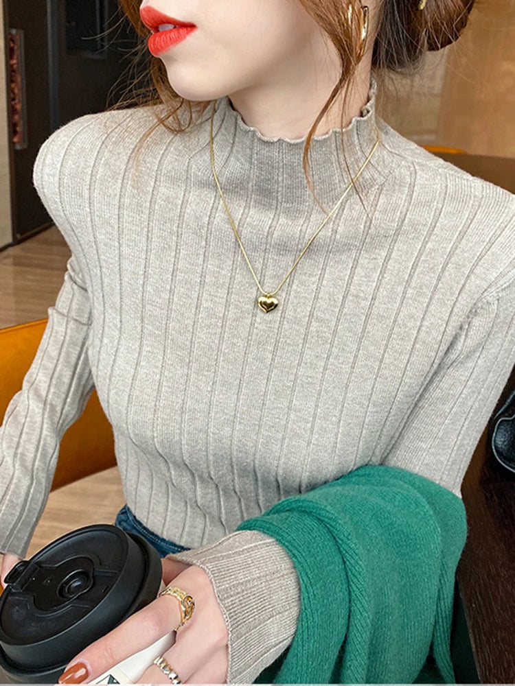Autumn Winter Knitted Ribbed Turtleneck Sweater Women Clothes 2025 Long Sleeve Slim Basic Pullover Woman Sweaters Solid Tops