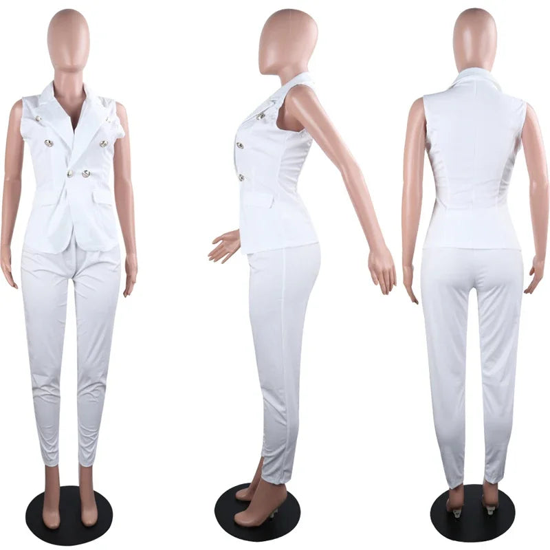 Business Work Wear Two Piece Pant Suits for Women Sets Elegant Sleeveless Blazer Top and Pencil Pants Office Lady Matching Sets