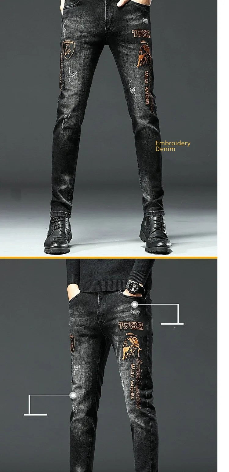 Trendy Black Embroidered Jeans For Men Casual Comfortable Slim Fit Printed Flexible Small Footwear Youth Fashion