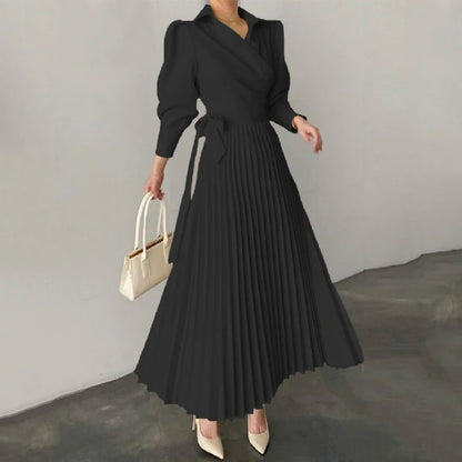 Spring Women Dress Solid Color Puff Sleeves Lace-up Waist A-line Pleated Dresses Elegant Commuter Dress for Office Ladies