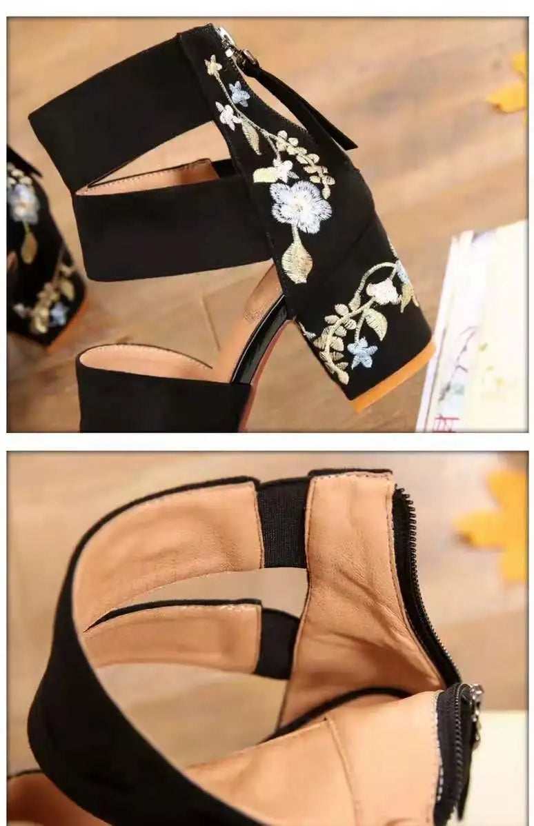 Ethnic Style Embroidered Mid-heel Sandals,  Summer Casual Thick Heels Elegant Vintage Open-toed Embroidered Shoes, Women's Shoes