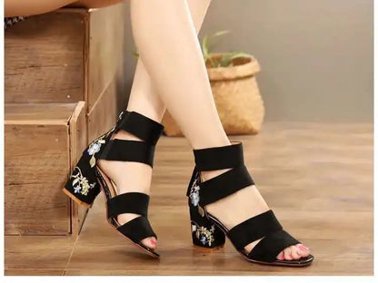 Ethnic Style Embroidered Mid-heel Sandals,  Summer Casual Thick Heels Elegant Vintage Open-toed Embroidered Shoes, Women's Shoes