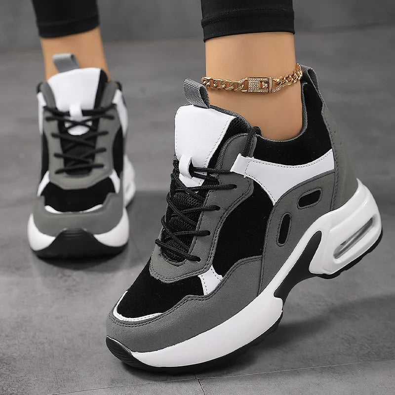 Women Air Cushion Sneakers Mix Color Height Increase Elevator Shoes Outdoor Wedge Platform High Heels Lace-up Walking Shoes