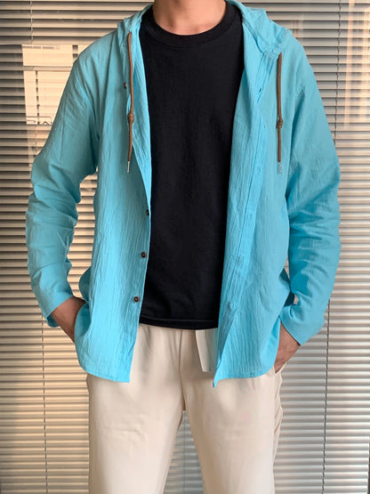 Summer Men's Linen Shirt Solid Streetwear Long Sleeve Hoodie Cardigan Clothing For Men Button Tops Casual Loose Men Hooded Shirt