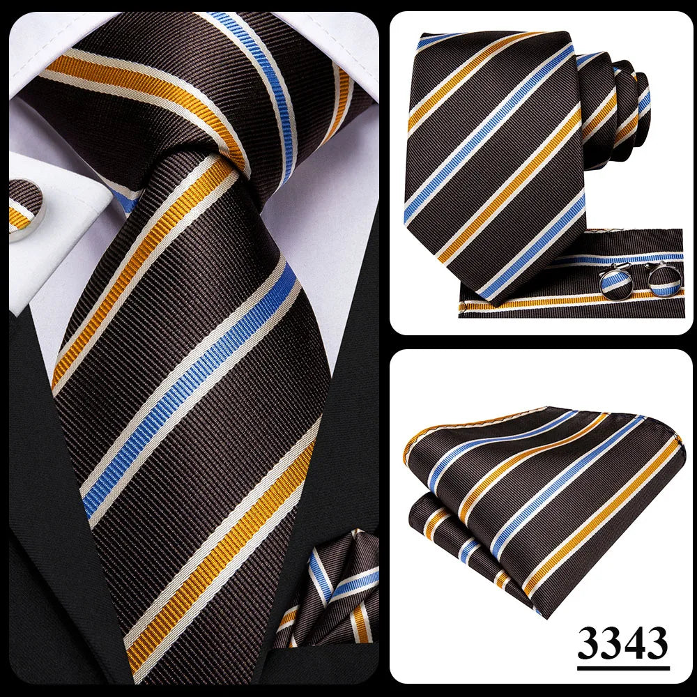 Hi-Tie Paisley Brown Tie For Men Elegant Mens Necktie Pocket Square Cufflink Groom Wedding Accessory Wholesale New Designer