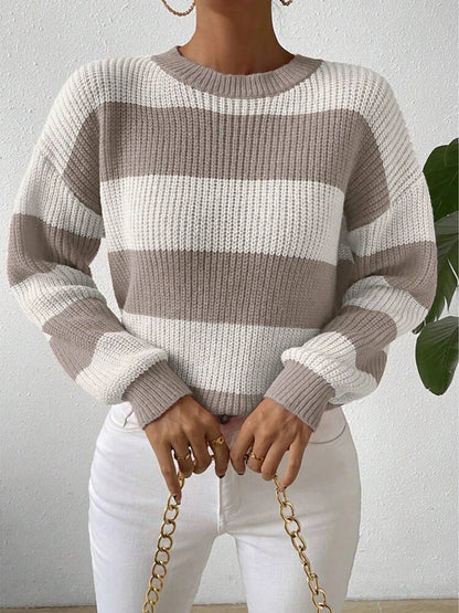 Women's autumn and winter contrasting striped round neck pullover knitted sweater