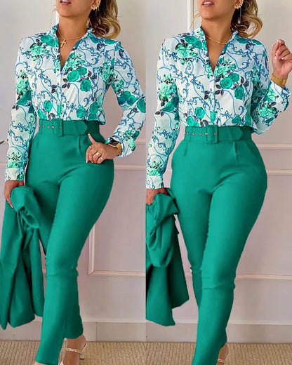 Women's Elegant Autumn/Winter Printed V-Neck Long Sleeve Button Shirt Top Fashion Solid Color Long Pants 2 Piece Set With Belt