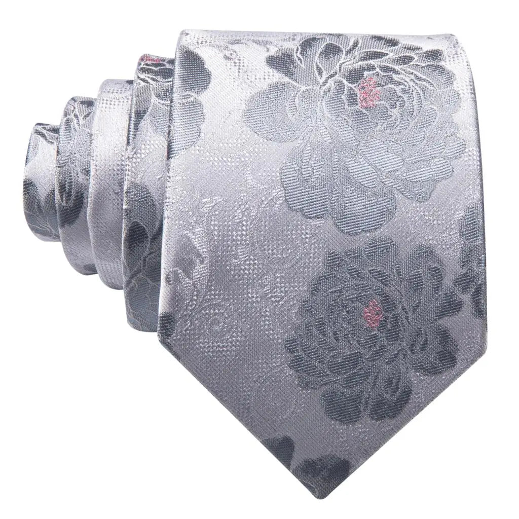 Barry.Wang Black White Gray Silver Silk Men Tie Handkerchief Cufflinks Set Jacquard Necktie for Male Wedding Business Party Gift