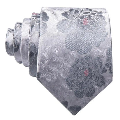 Barry.Wang Black White Gray Silver Silk Men Tie Handkerchief Cufflinks Set Jacquard Necktie for Male Wedding Business Party Gift